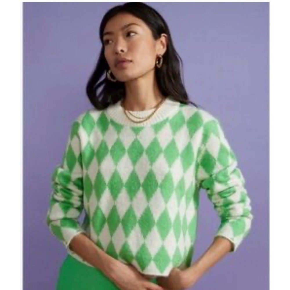 Kitri Diamond Argyle Crewneck cropped Sweater - Green/White
